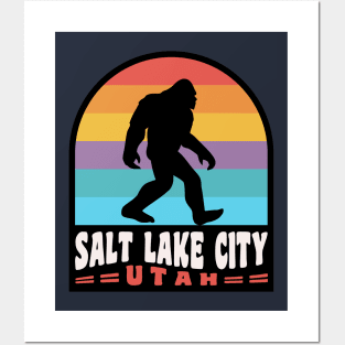 Salt Lake City Bigfoot Sasquatch Utah Retro Sunset Posters and Art